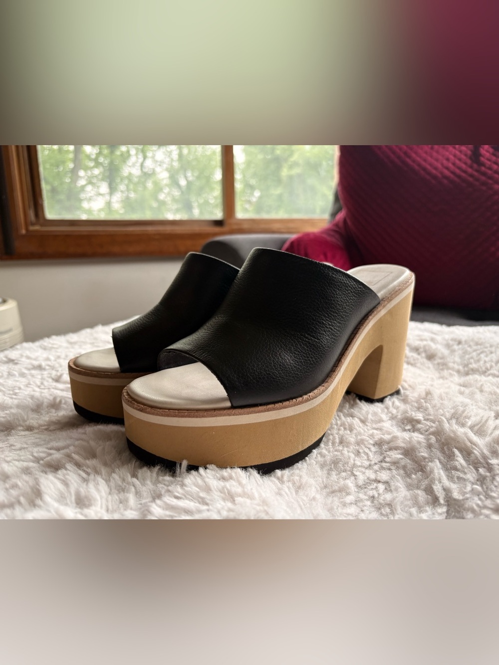 Dolce Vita Black Leather Platform Mule Sandals with Tan Wood-Look Heel